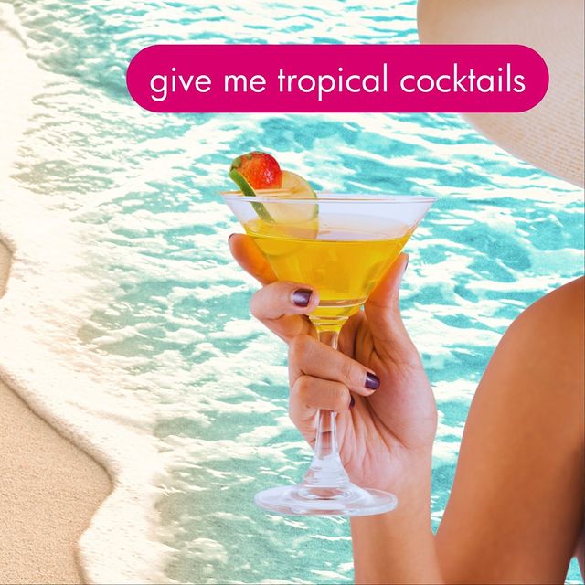 Give me tropical cocktails text with a yellow drink in a martini glass